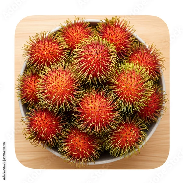 Obraz A top view fresh rambutan on a metalic bowl, white background isolated