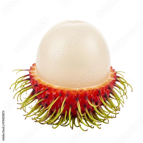 Fototapeta A light gray ceramic bowl overflowing with vibrant red and green rambutan fruit, white background isolated