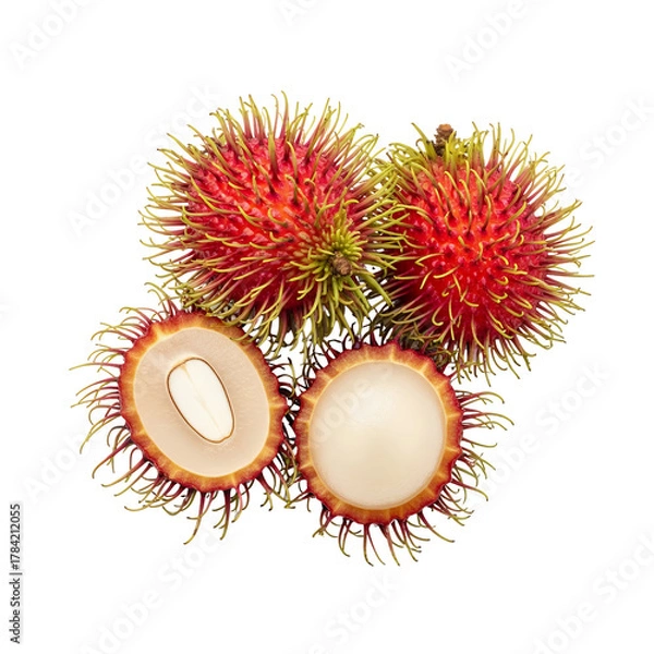 Fototapeta A small cluster of vibrant red rambutan fruits, white background isolated