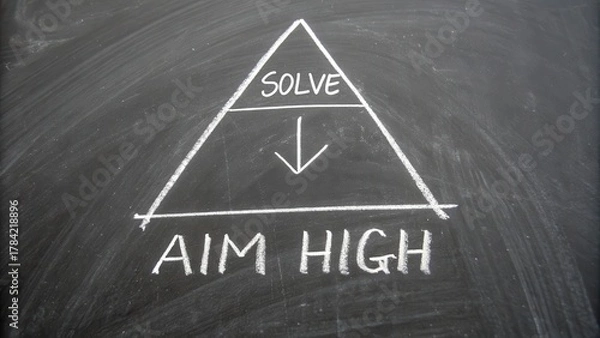 Fototapeta A triangular chalkboard diagram illustrating the concept of aiming high and the process to solve objectives with clear instructional messaging.