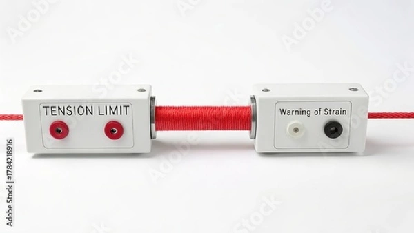 Fototapeta A vibrant red coil connects two white electronic devices on a stark white void, showcasing technological components.