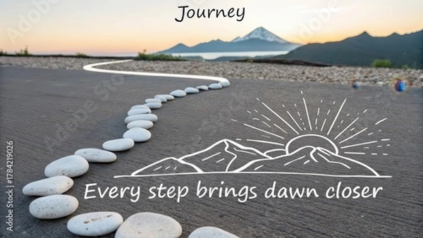 Fototapeta A winding path paved with smooth white stones leads towards a majestic mountain landscape at sunrise, inspiring the journey ahead.