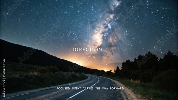 Fototapeta A Winding Road Under the Starlit Milky Way, Guiding the Way Forward