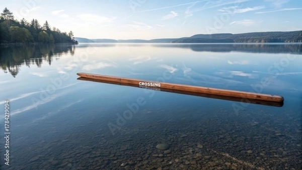 Fototapeta A wooden canoe paddle rests next to the calm, reflective surface of a clear lake water, hinting at journeys ahead.