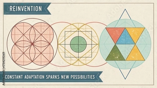 Fototapeta Abstract geometric composition of overlapping circles squares and triangles on a textured background illustrating inspiration and new possibilities