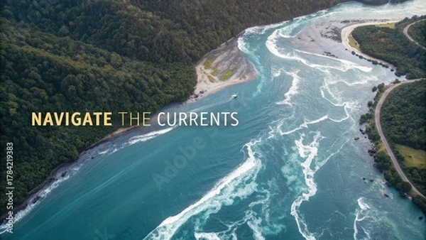 Fototapeta Aerial view of a powerful, dynamic river current flowing through a lush green landscape and meeting a vast blue ocean expanse