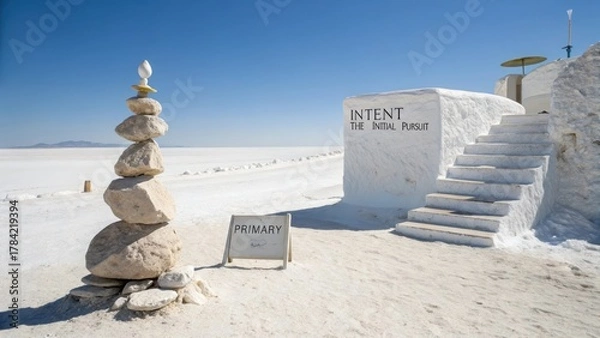 Fototapeta An abstract white structure with inscribed words like 'INTENT' and 'PRIMARY' stands against a vast salt flat landscape under a clear blue sky.