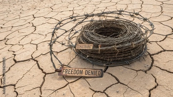 Fototapeta Barbed wire coiled tightly on dry cracked earth with 'Constraint' and 'Freedom Denied' tags, symbolizing restriction.