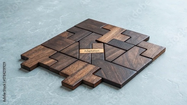 Fototapeta Interlocking Wooden Puzzle Pieces Forming a Complex Pattern with the Word Adaptation Centered