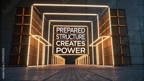 Fototapeta Modern geometric structure with glowing neon frame showcasing motivational text 'Prepared Structure Creates Power'