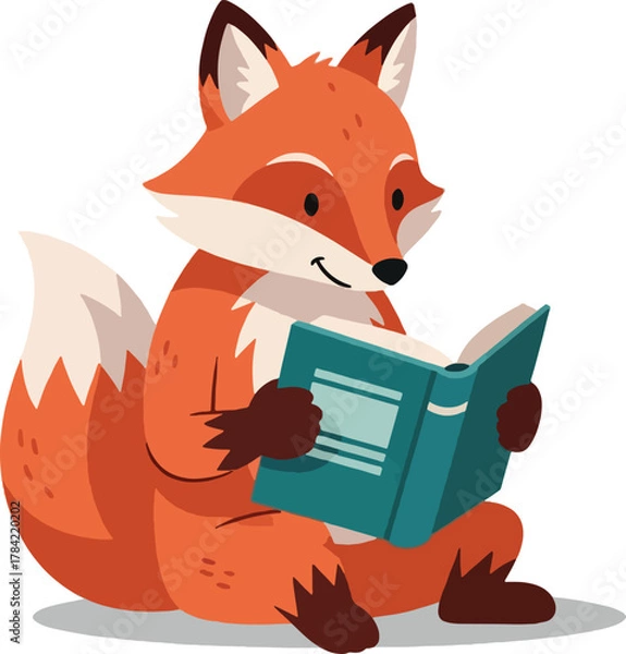 Obraz Cartoon fox reading a book with a smile, sitting down and holding the book open.