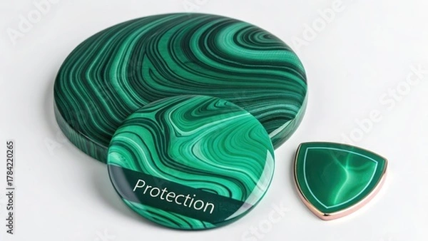 Fototapeta Polished Malachite Discs with Swirling Patterns and a Shield Symbol Indicating Protection