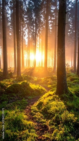Obraz Sun flares through tall trees in a lush forest with a mossy ground. A path beckons towards the bright source