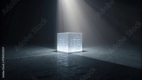 Fototapeta Single luminous cube with the word Elite illuminated by a strong spotlight in a dark, minimalist environment.