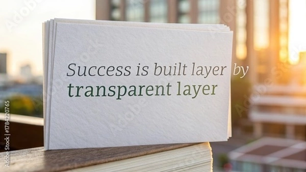 Fototapeta Stacked transparent layers of paper with the inspiring quote Success is built layer by transparent layer.