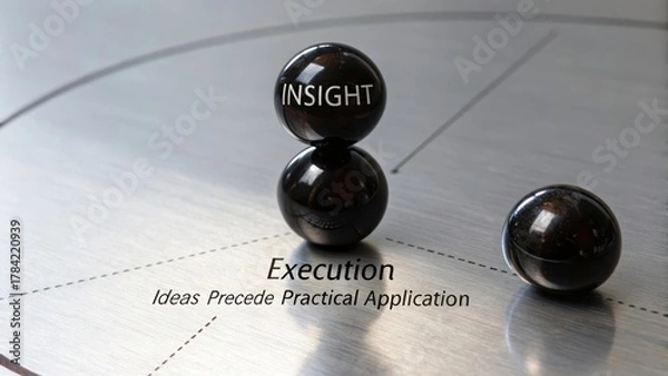 Fototapeta Three dark obsidian spheres with 'Insight' and 'Execution' text symbolizing business concepts on a reflective surface