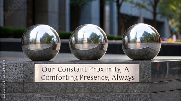 Fototapeta Three perfectly rounded polished silver spheres arranged in a structured line on a textured surface with reflections visible