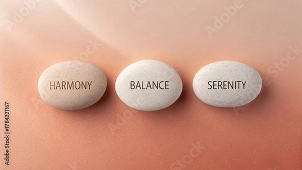 Fototapeta Three smooth stones inscribed with the words Harmony, Balance, and Serenity placed on a soft gradient background