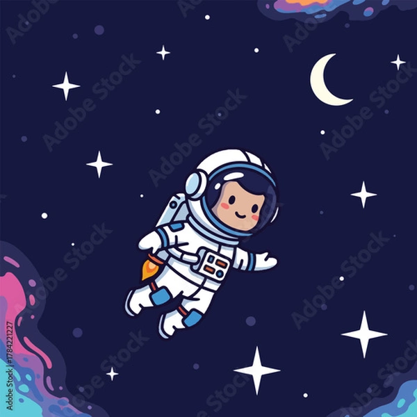 Obraz A cute cartoon astronaut floating in outer space with stars, a crescent moon, and colorful nebulae.