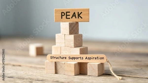 Fototapeta Wooden blocks stacked to form a pyramid shape with the word PEAK on top and "Structure Supports Aspiration" on a lower block, symbolizing business growth and achievement.