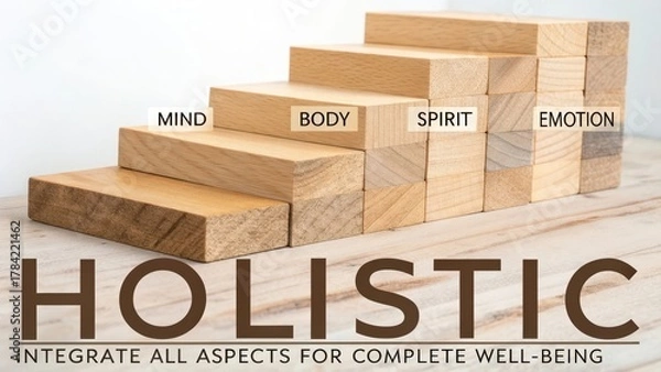 Fototapeta Wooden blocks forming steps labeled Mind, Body, Spirit for holistic wellbeing and growth