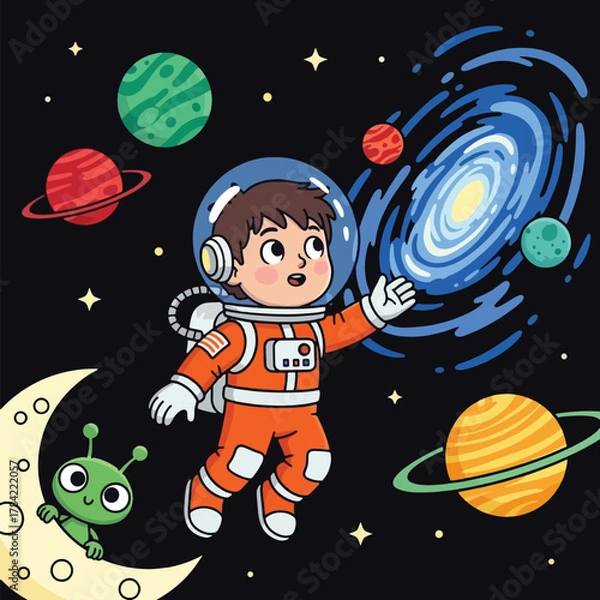 Obraz A young astronaut in an orange spacesuit floats in outer space, reaching towards a swirling galaxy, with planets, stars, and a friendly alien on the moon.