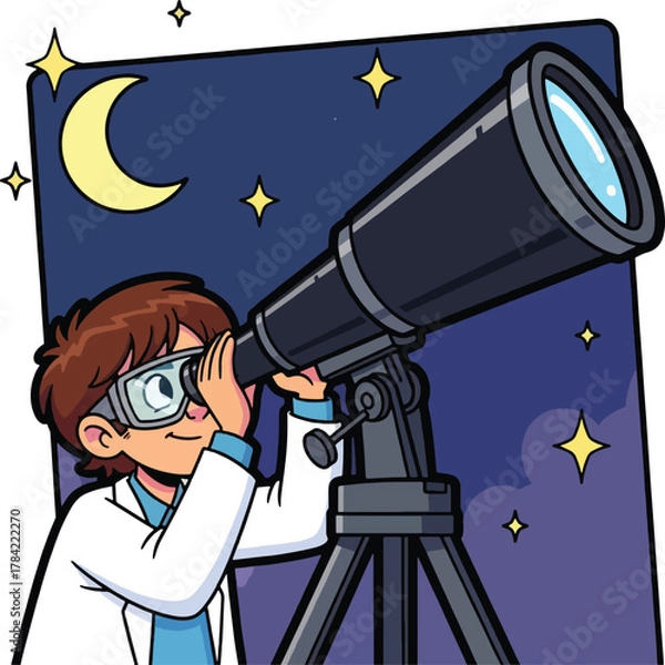 Obraz A young scientist in a lab coat and goggles looks through a large telescope at the night sky, observing the moon and stars.