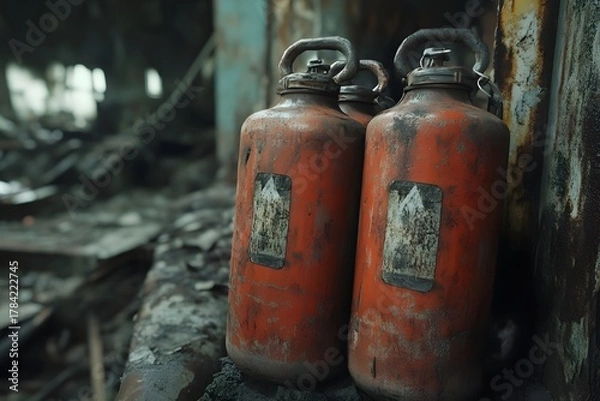 Fototapeta Oxygen canisters in a post apocalyptic setting