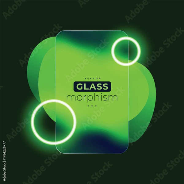 Fototapeta Glass morphism 3d phone mockup with blurred green abstract background. Smartphone transparent glass screen with chat, call and payment vector.
