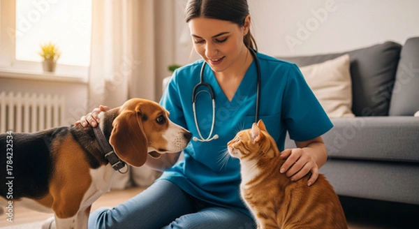 Fototapeta Veterinarian lovingly examines a happy dog and cat at home.