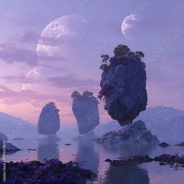 Fototapeta Surreal Floating Islands under Twin Moons in Purple Fantasy Sky