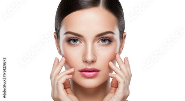 Obraz Beautiful young woman touching her face with glowing skin and natural makeup, isolated on transparent background