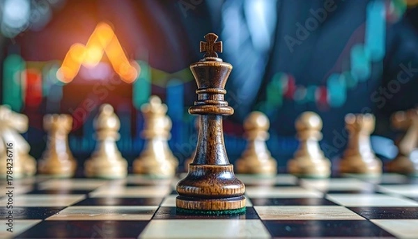 Fototapeta Chess King on Board with Financial Chart Background.