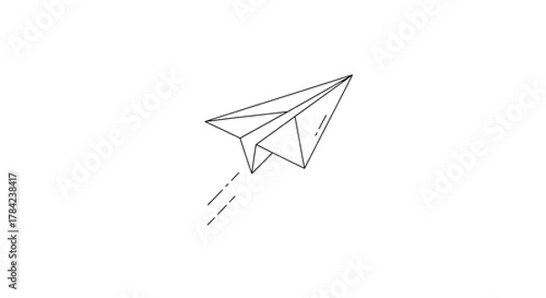 Fototapeta Illustration of a simple line drawing of a paper airplane in flight, isolated on a transparent background, representing travel and imagination