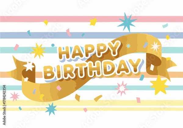 Fototapeta "Happy Birthday" message displayed on a golden ribbon with confetti and starbursts against a pastel striped background.