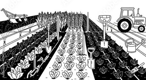 Obraz Illustration of a farm field with rows of crops, irrigation system, tractor, and various gardening tools.