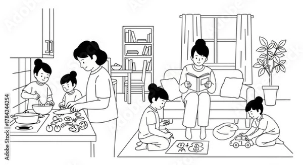 Obraz Line art illustration of a family at home: mother cooking with children, another reading, and children playing.