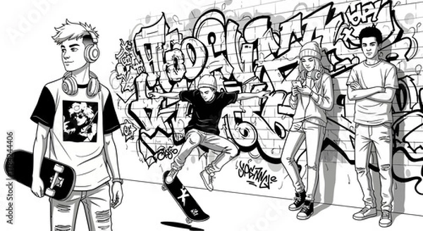 Obraz Group of four young people depicted in a black and white illustration standing and skateboarding in front of graffiti art on a brick wall.