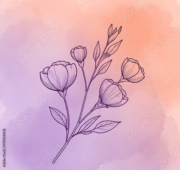 Fototapeta “Delicate floral line art with soft pink and green watercolor background, creating an elegant and minimal botanical aesthetic.”