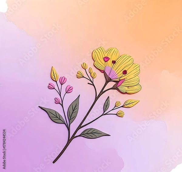 Fototapeta “Colorful watercolor splash with delicate floral line art, featuring vibrant petals and leaves for a soft, artistic botanical look.”
