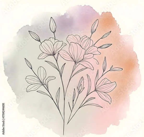 Fototapeta “Delicate floral line art with soft pink and green watercolor background, creating an elegant and minimal botanical aesthetic.”