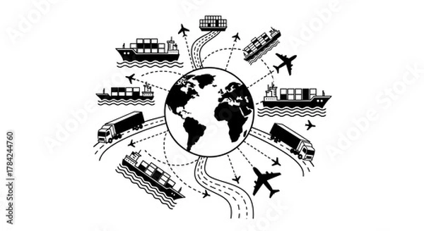 Obraz Global trade illustration: Earth with airplanes, cargo ships, and trucks transporting goods around the world, connected by dotted lines and roads.