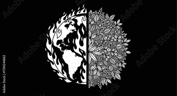 Obraz Half of the Earth is engulfed in flames, while the other half is covered in lush green foliage, symbolizing environmental contrast.