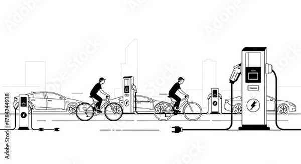 Obraz Illustration depicting the transition to sustainable transportation with electric cars and bicycles at charging stations in a city environment.