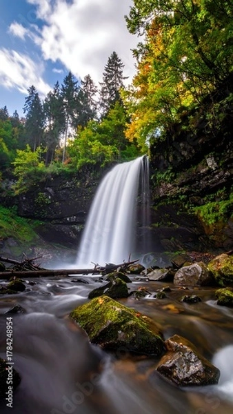 Obraz Cascading waterfall amidst autumn foliage and rocky stream in forested landscape