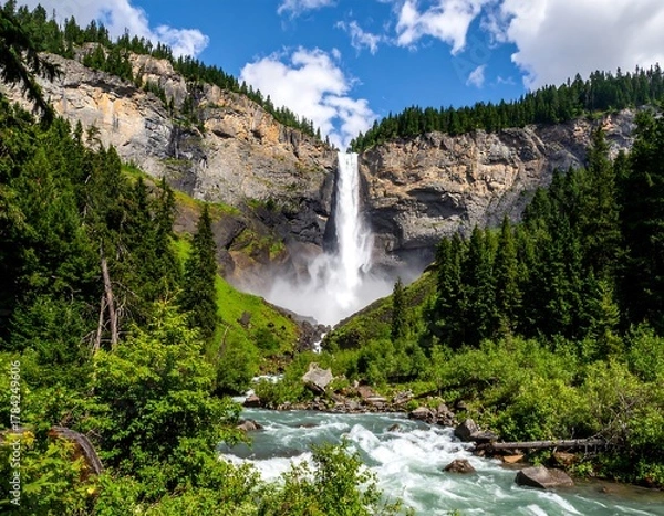 Obraz Cascading waterfall descends rocky cliffs into a turbulent river amid lush green forest