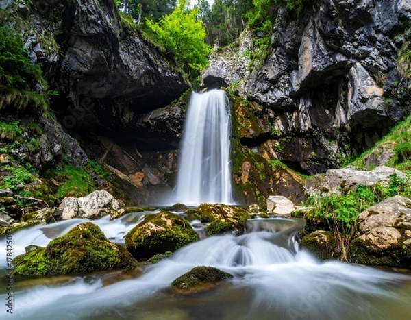 Obraz Cascading waterfall flowing over moss-covered rocks surrounded by lush trees and rocky cliffs