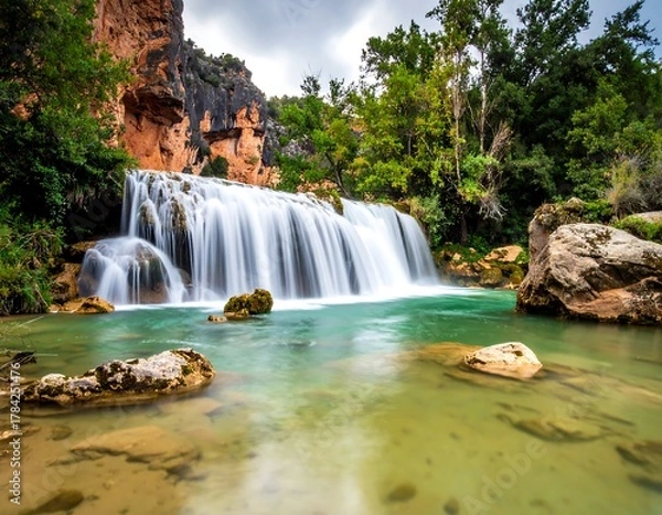 Obraz Cascading waterfall flows into a clear turquoise pool, framed by rock cliffs and greenery
