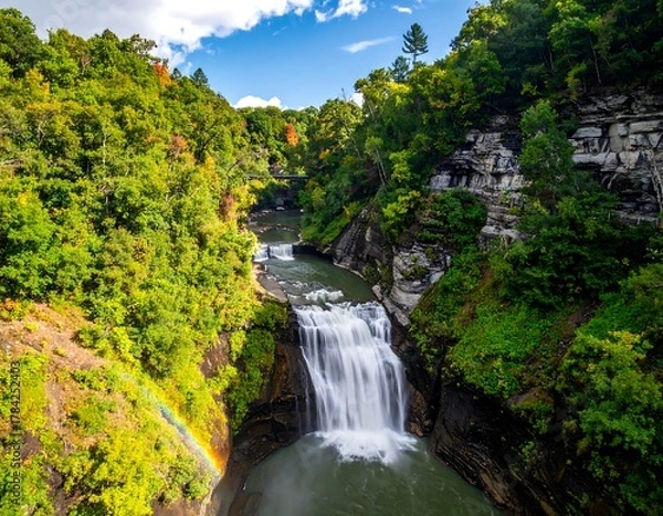 Fototapeta Cascading waterfall flows into a rocky gorge flanked by lush green trees under a blue sky