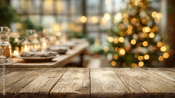 Fototapeta blank wooden table with blurred Christmas tree and festive dinner background